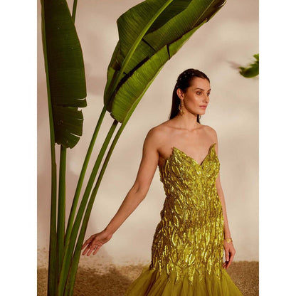 Silky Bindra Green Fauna Applique Gown