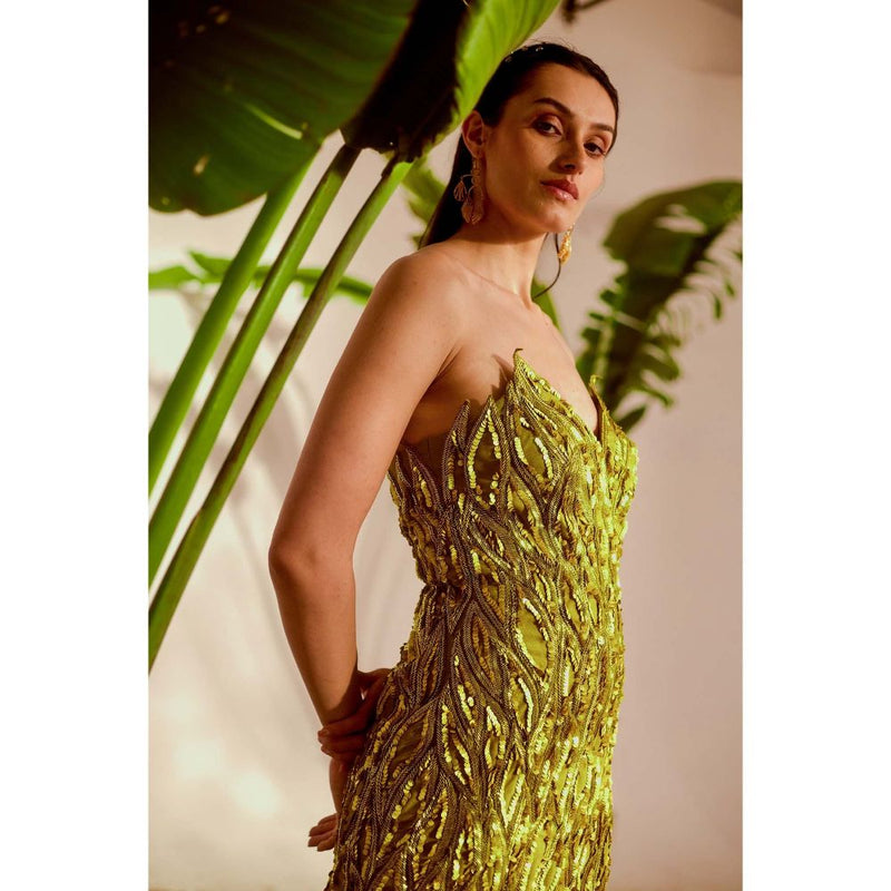 Silky Bindra Green Fauna Applique Gown