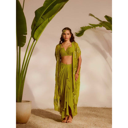 Silky Bindra Green Areca Cape with Bustier and Drape Skirt (Set of 3)