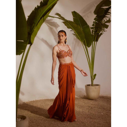 Silky Bindra Rust Koa Draped Skirt with Bustier (Set of 2)