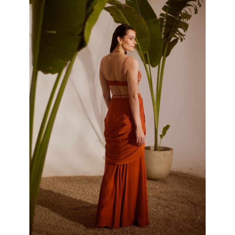 Silky Bindra Rust Koa Draped Skirt with Bustier (Set of 2)