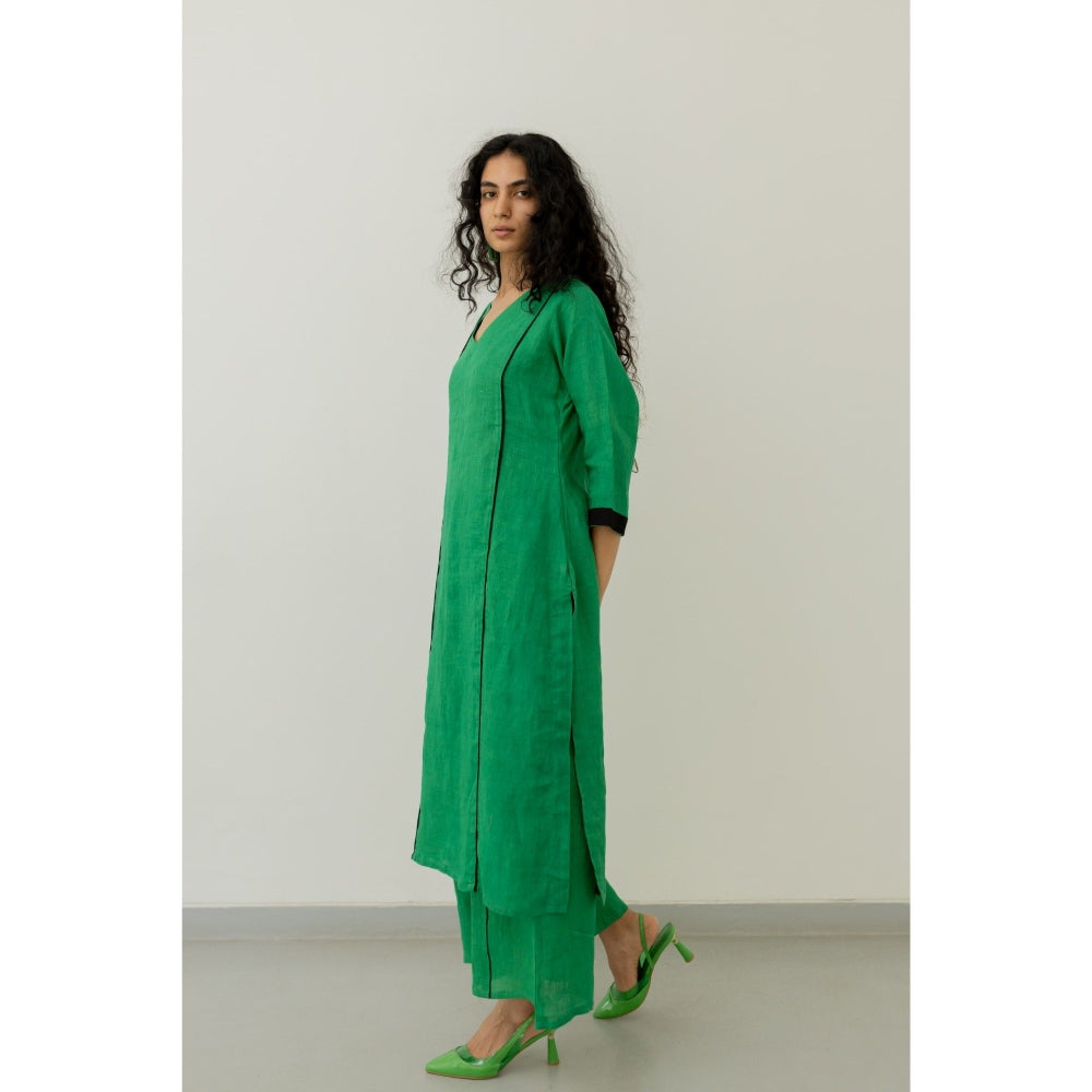 Silai Studio Bottle Green Linen Kurta and Palazzo (Set of 2)