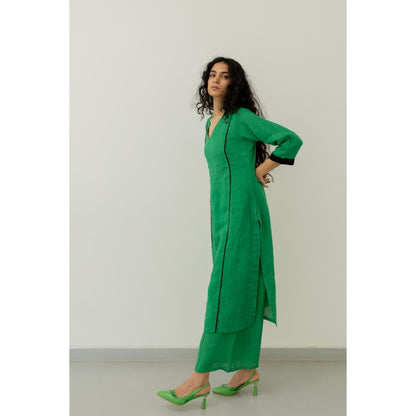 Silai Studio Bottle Green Linen Kurta and Palazzo (Set of 2)