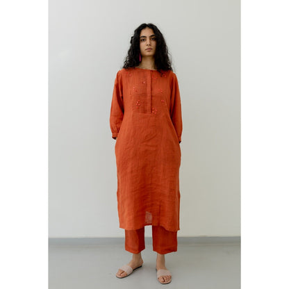 Silai Studio Ginger Rust Linen Kurta and Pants (Set of 2)