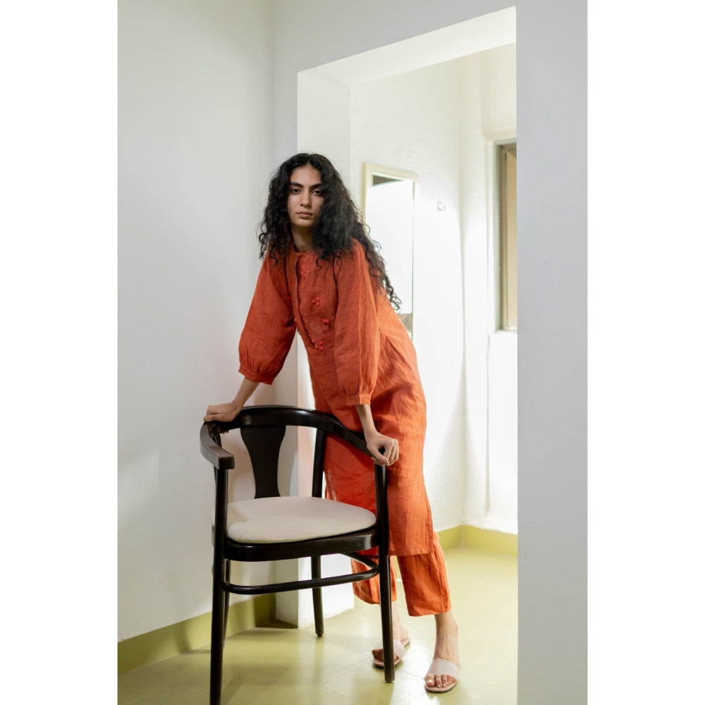Silai Studio Ginger Rust Linen Kurta and Pants (Set of 2)
