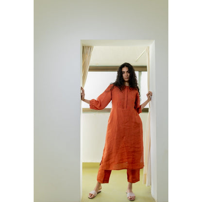 Silai Studio Ginger Rust Linen Kurta and Pants (Set of 2)