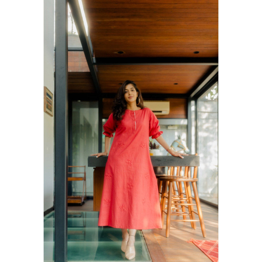 Silai Studio Crimson Floral Applique Midi Dress