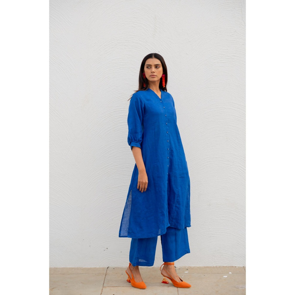 Silai Studio Sapphire Linen Button Down Kurta with Palazzo (Set of 2)