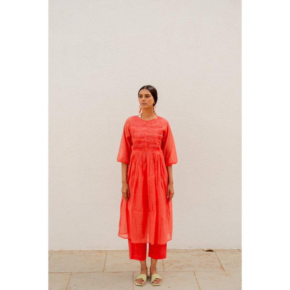 Silai Studio Red Pleated Kurta with Pant and Inner (Set of 3)