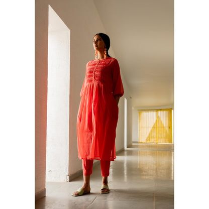 Silai Studio Red Pleated Kurta with Pant and Inner (Set of 3)