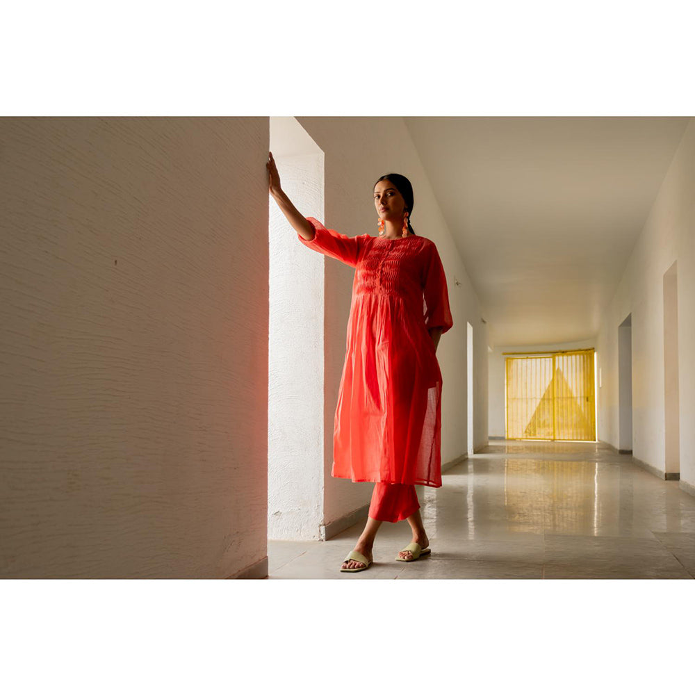 Silai Studio Red Pleated Kurta with Pant and Inner (Set of 3)