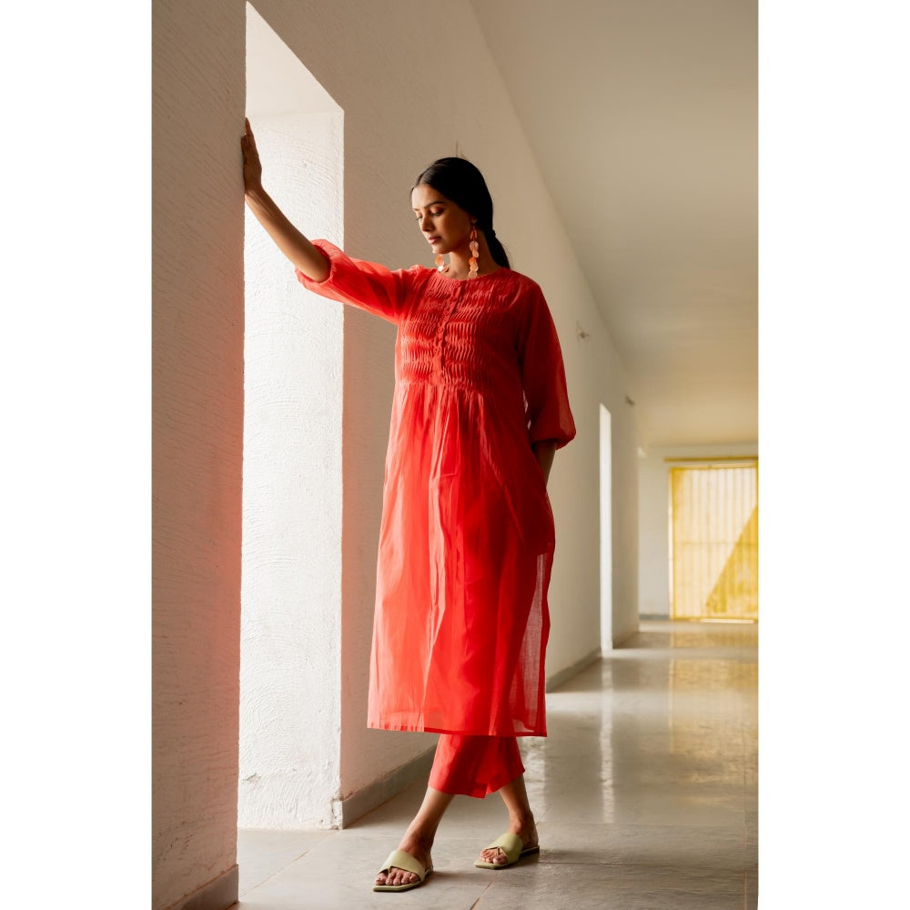 Silai Studio Red Pleated Kurta with Pant and Inner (Set of 3)