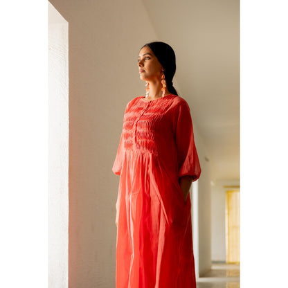 Silai Studio Red Pleated Kurta with Pant and Inner (Set of 3)
