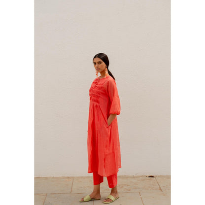 Silai Studio Red Pleated Kurta with Pant and Inner (Set of 3)