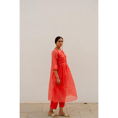 Silai Studio Red Pleated Kurta with Pant and Inner (Set of 3)
