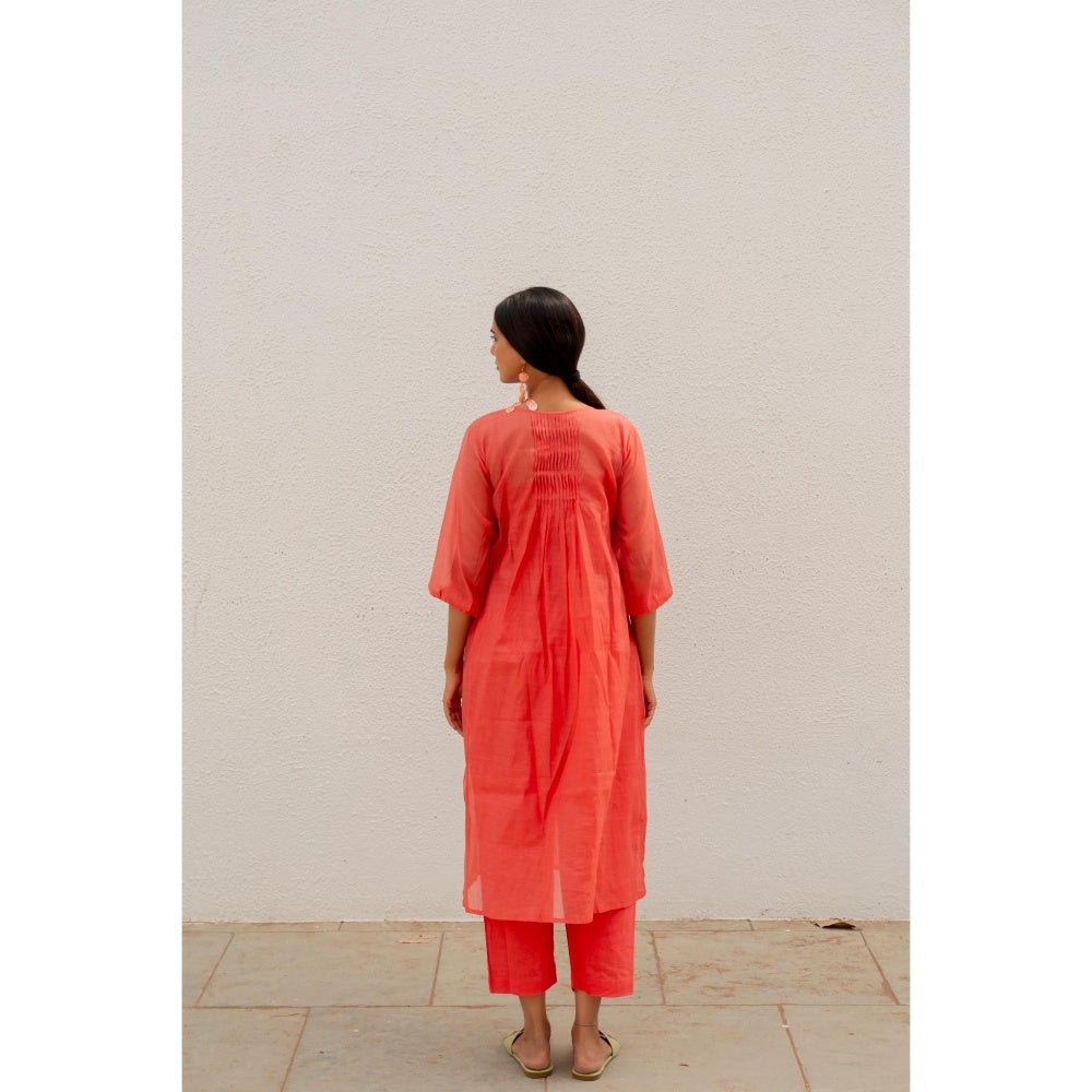Silai Studio Red Pleated Kurta with Pant and Inner (Set of 3)