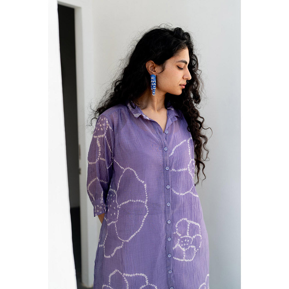 Silai Studio Periwinkle Bandhej Kurta With White Pant and Inner (Set of 3)