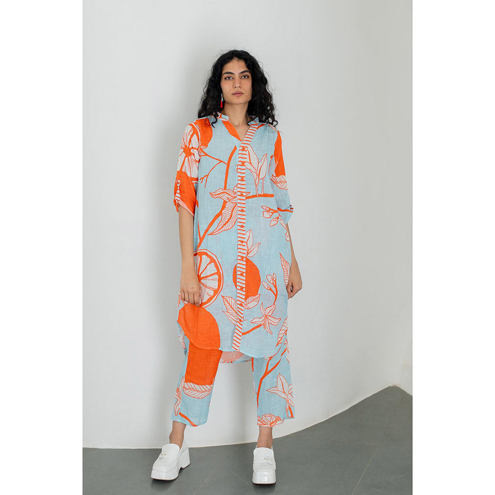 Silai Studio Mandarin Print Cotton Kurta with Pant (Set of 2)