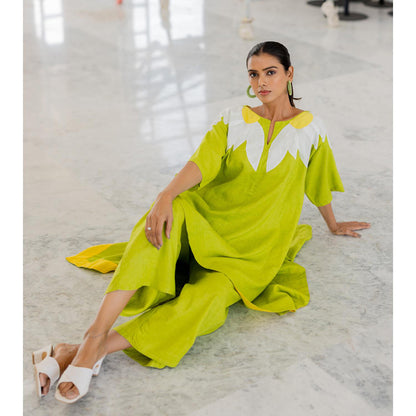 Silai Studio Green Sunflower Applique Kurta