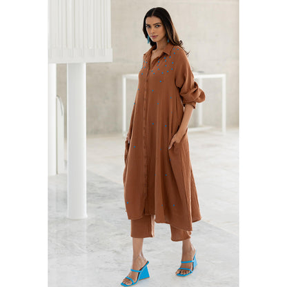 Silai Studio Pecan Brown Shirt Style Kurta and Pant (Set of 2)