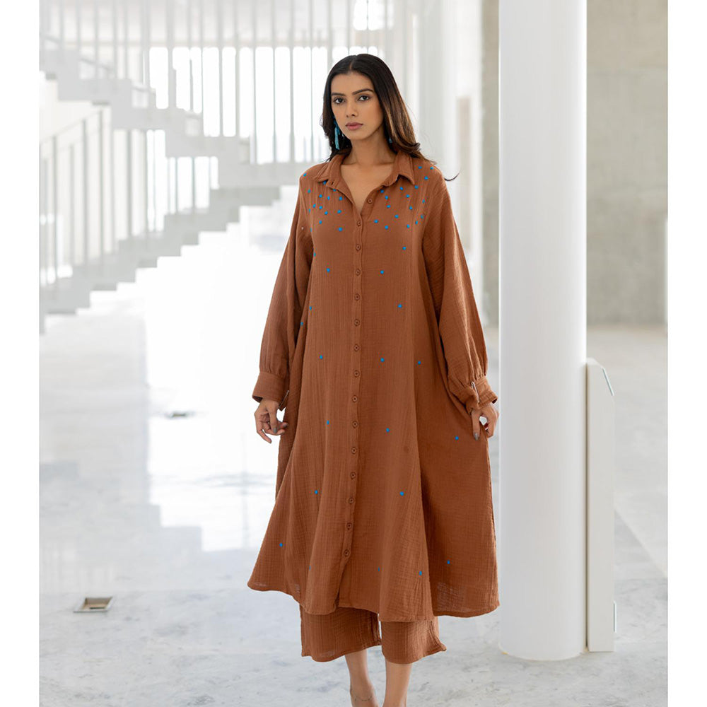 Silai Studio Pecan Brown Shirt Style Kurta and Pant (Set of 2)