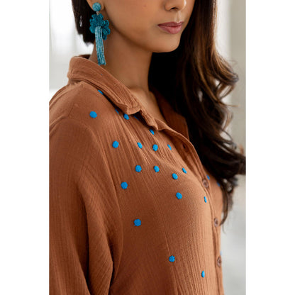 Silai Studio Pecan Brown Shirt Style Kurta and Pant (Set of 2)