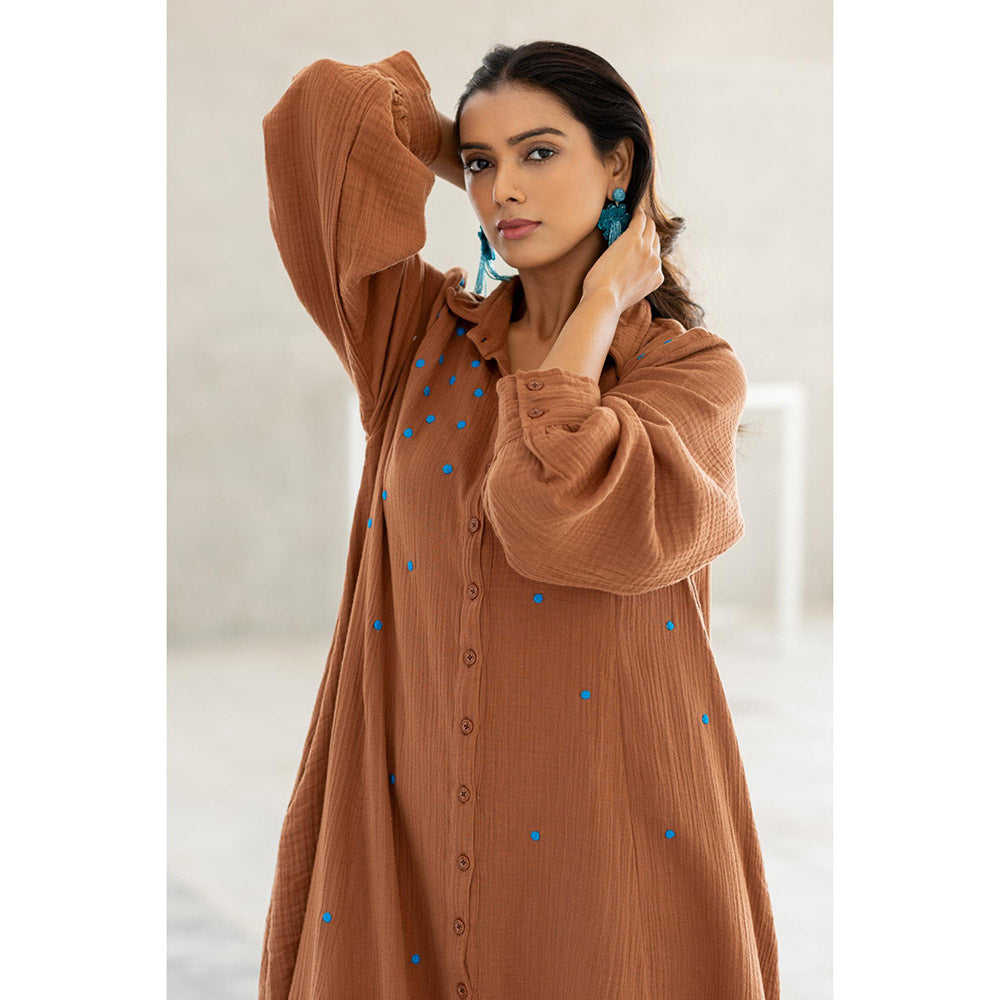 Silai Studio Pecan Brown Shirt Style Kurta and Pant (Set of 2)