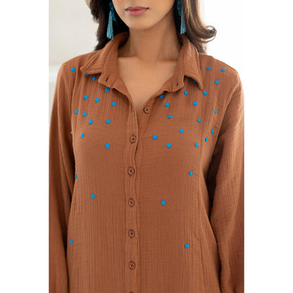 Silai Studio Pecan Brown Shirt Style Kurta and Pant (Set of 2)