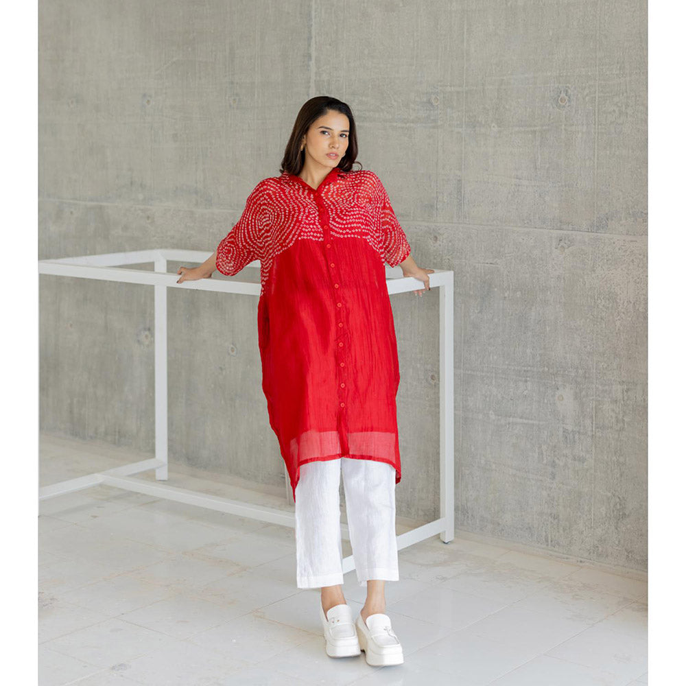 Silai Studio Ruby Swirl Bandhani Kurta with Slip and Pant (Set of 3)