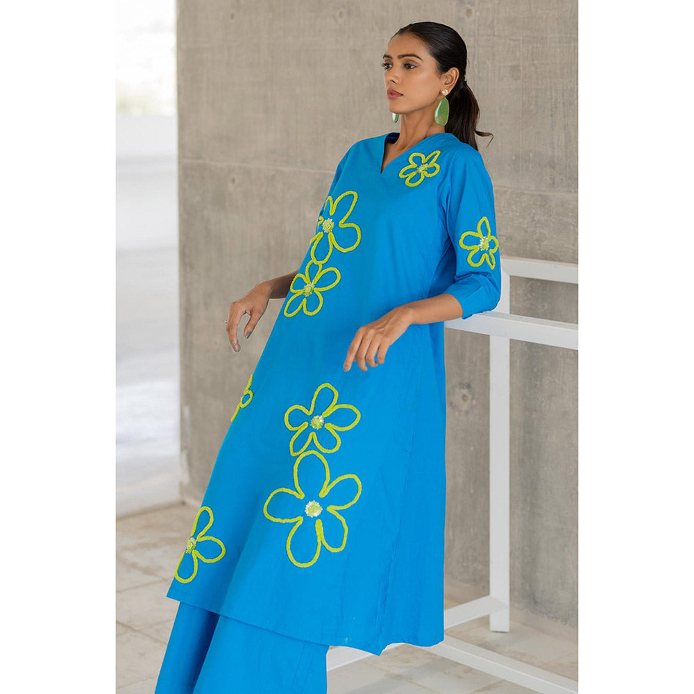 Silai Studio Seafoam Floral Embroidery Kurta and Palazzo (Set of 2)