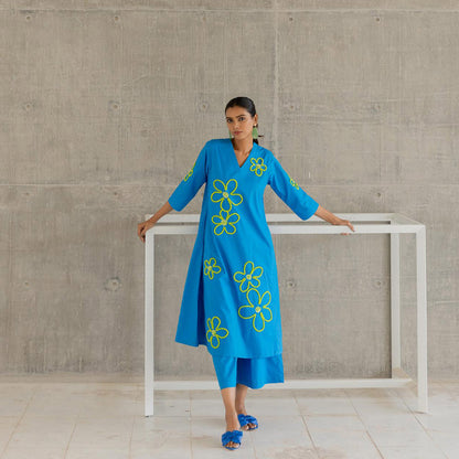 Silai Studio Seafoam Floral Embroidery Kurta and Palazzo (Set of 2)