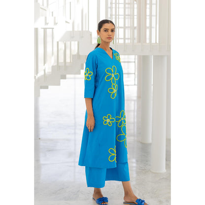 Silai Studio Seafoam Floral Embroidery Kurta and Palazzo (Set of 2)