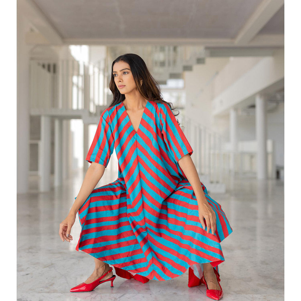 Silai Studio Poppy and Blue Stripe Kurta and Pant (Set of 2)
