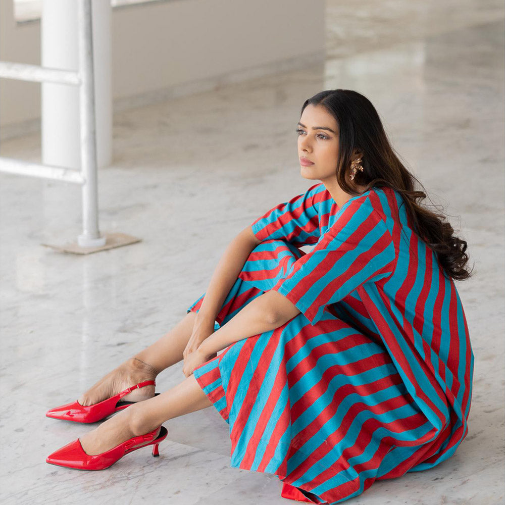 Silai Studio Poppy and Blue Stripe Kurta and Pant (Set of 2)