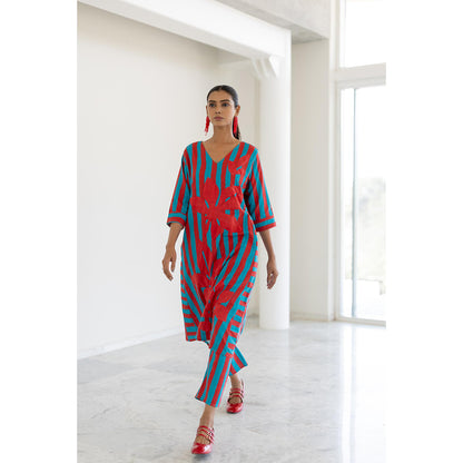 Silai Studio Sky Fire Striped Applique Kurta and Pant (Set of 2)