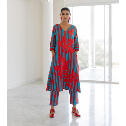 Silai Studio Sky Fire Striped Applique Kurta
