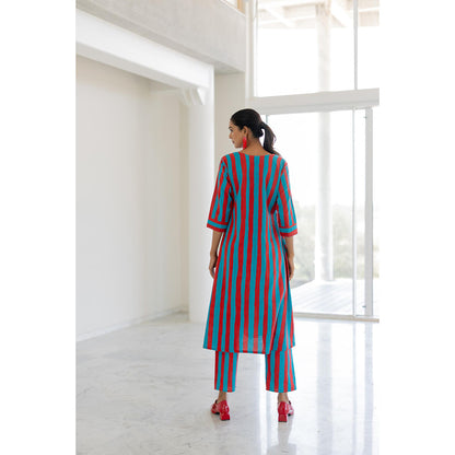 Silai Studio Sky Fire Striped Applique Kurta
