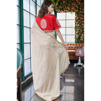 Simaaya Beige Timeless Weave Tissue Silk Saree with Unstitched Blouse