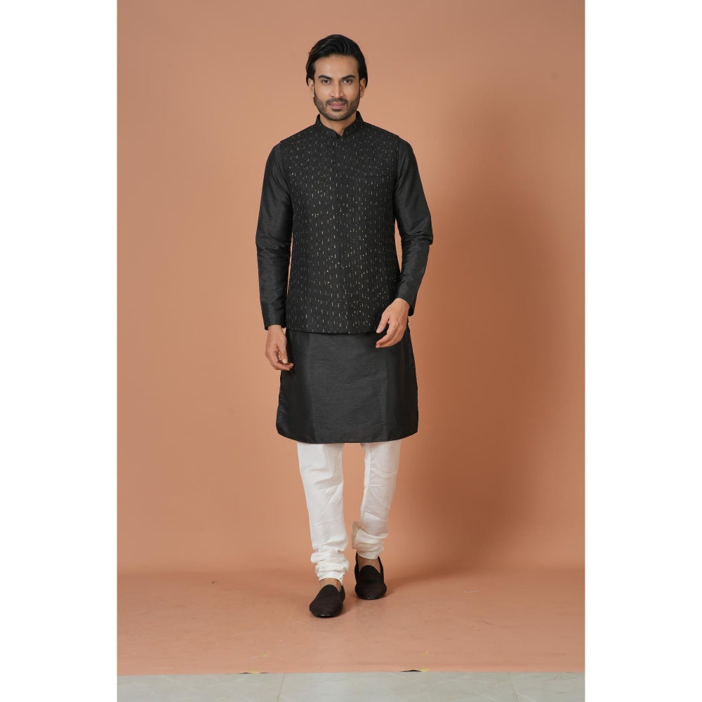 Simaaya Black Embellished/Sequined Premium Quality Silk Made Nehru Jacket for Men