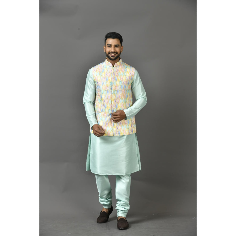 Simaaya Green Printed Premium Quality Silk Made Nehru Jacket for Men