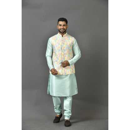 Simaaya Green Printed Premium Quality Silk Made Nehru Jacket for Men