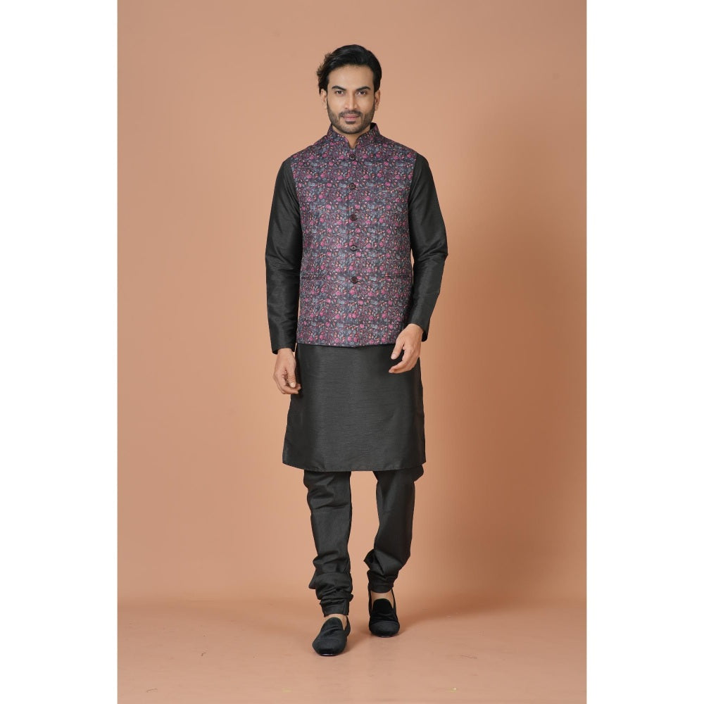 Simaaya Black Floral Premium Quality Linen Made Nehru Jacket for Men