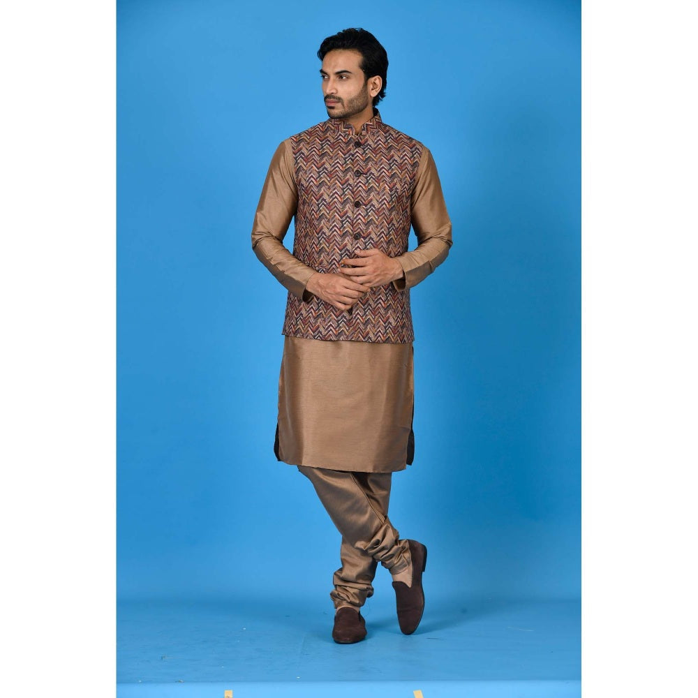Simaaya Brown Premium Quality Silk Kurta with Churidar and Nehru Jacket (Set of 3)