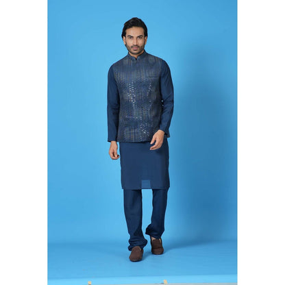 Simaaya Premium Quality Cotton Silk Kurta with Churidar and Jacket - Navy Blue (Set of 3)