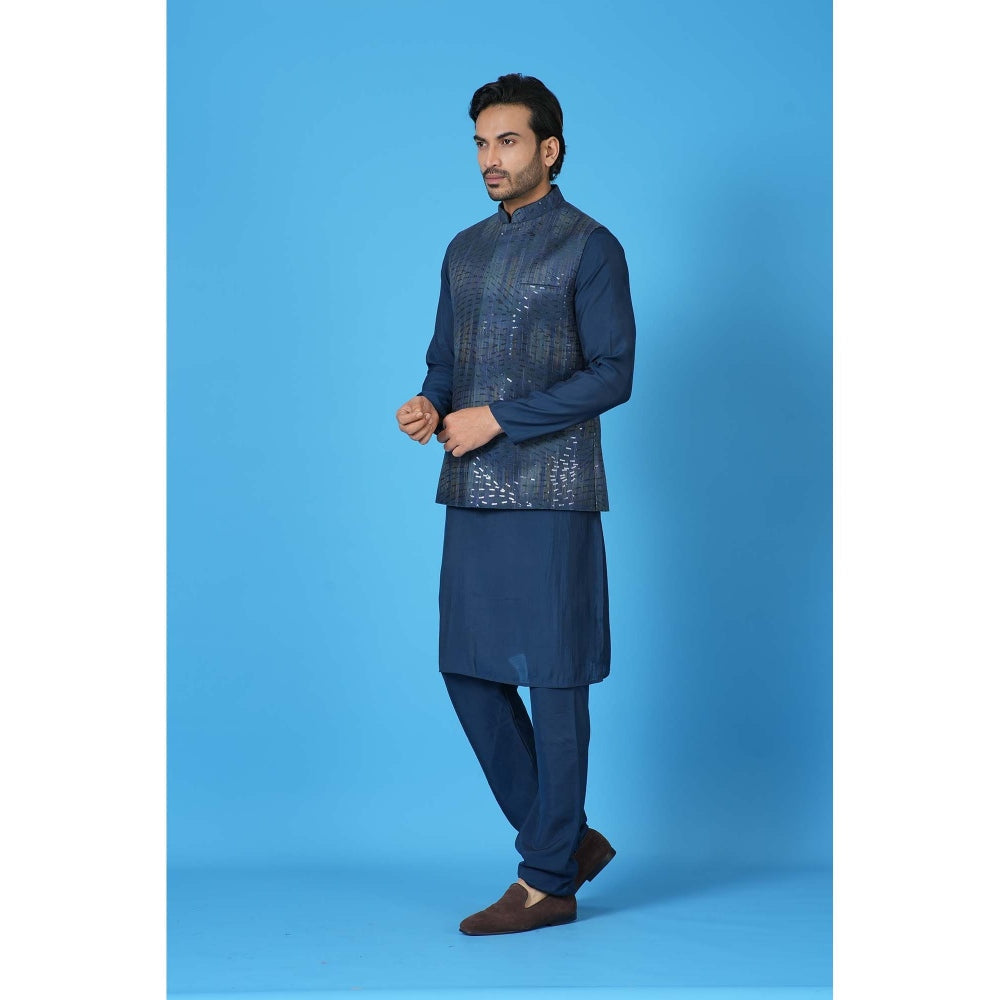 Simaaya Premium Quality Cotton Silk Kurta with Churidar and Jacket - Navy Blue (Set of 3)