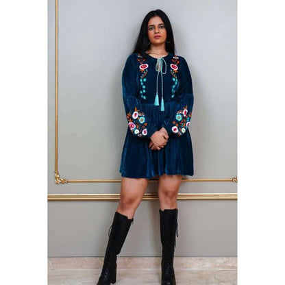 Label Simran Kochher Blue Velveteen Artwork Mini Dress