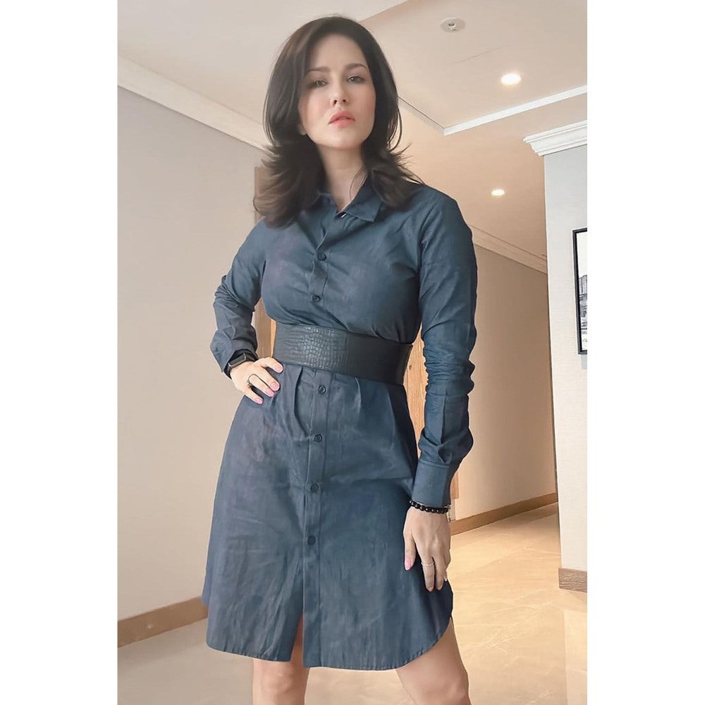 Label Simran Kochher Blue Dashy Denim Shirt Dress with Belt (Set of 2)