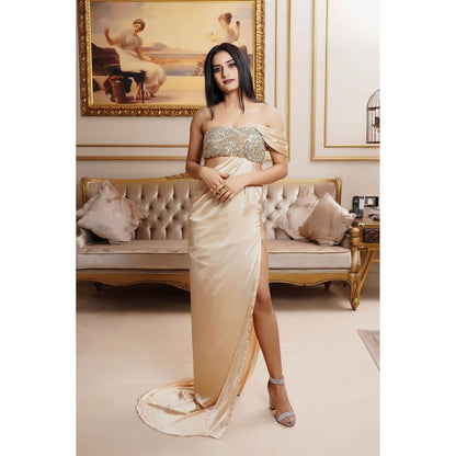 Label Simran Kochher Beige Alluring Carpet Gown
