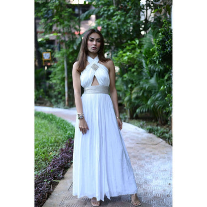 Label Simran Kochher White Criss- Cross Neck Gown