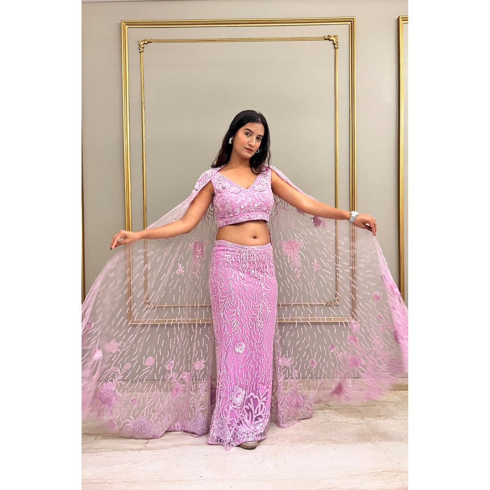 Label Simran Kochher Lavender Crop Top With Skirt And Veil (Set of 3)